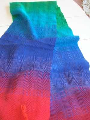 Warp painted rainbow scarf